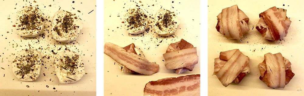 postup obaľovania okoreneného kozieho mäkkého syra v slaninke na bielom podklade